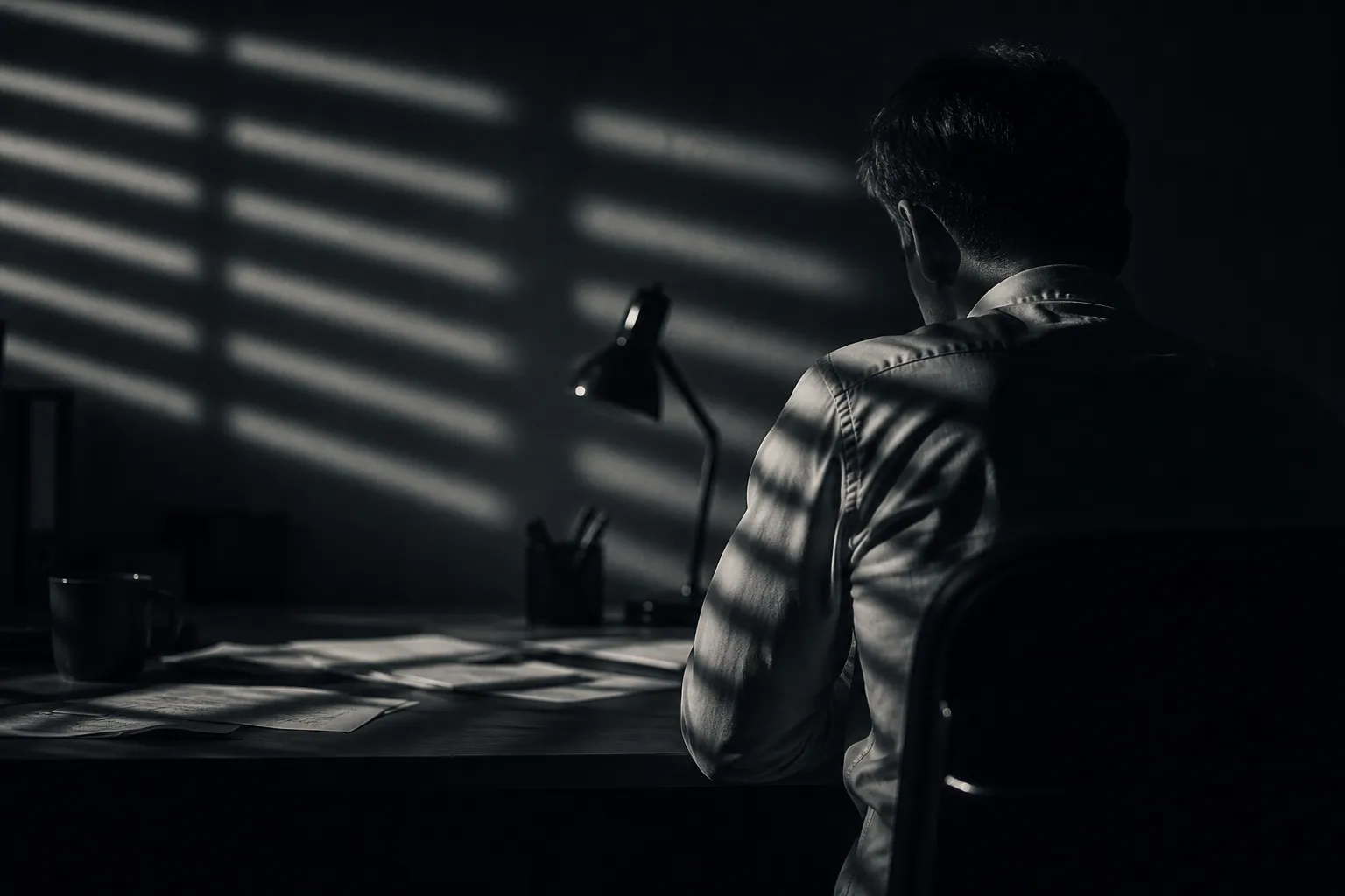 A business owner working alone at a desk at night, seen from behind, with blind shadows fragmenting the light across the room